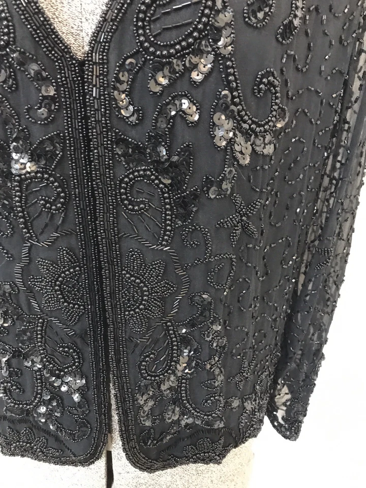 Vintage SKC 80s heavily beaded sequin 100% silk jacket floral Au 14 Us 10 - Image 3 of 4