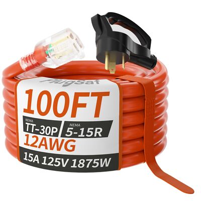 RV 30 Amp to 110 Adapter Extension Cord 100 FT, NEMA TT-30P to NEMA 5-15R Hea...
