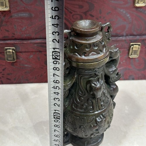 9"China Dynasty Old Jade Double Ears Dragon Phoenix Beast Incense Burner Censer - Picture 7 of 7
