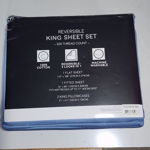 King Size 500 Thread Count Cotton Reversible Blue Sheet Set 4pc Two Looks in One - Picture 10 of 14