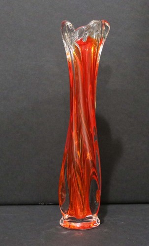 Vintage Mid-Century 9.5” Art Glass Swung Vase Orange Swirl - Picture 3 of 5