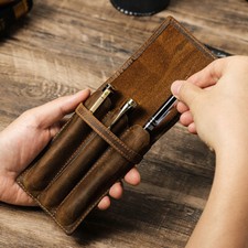 Retro Genuine Leather 3 Slot Hard Fountain Pen Case box Stationery Storage Pouch
