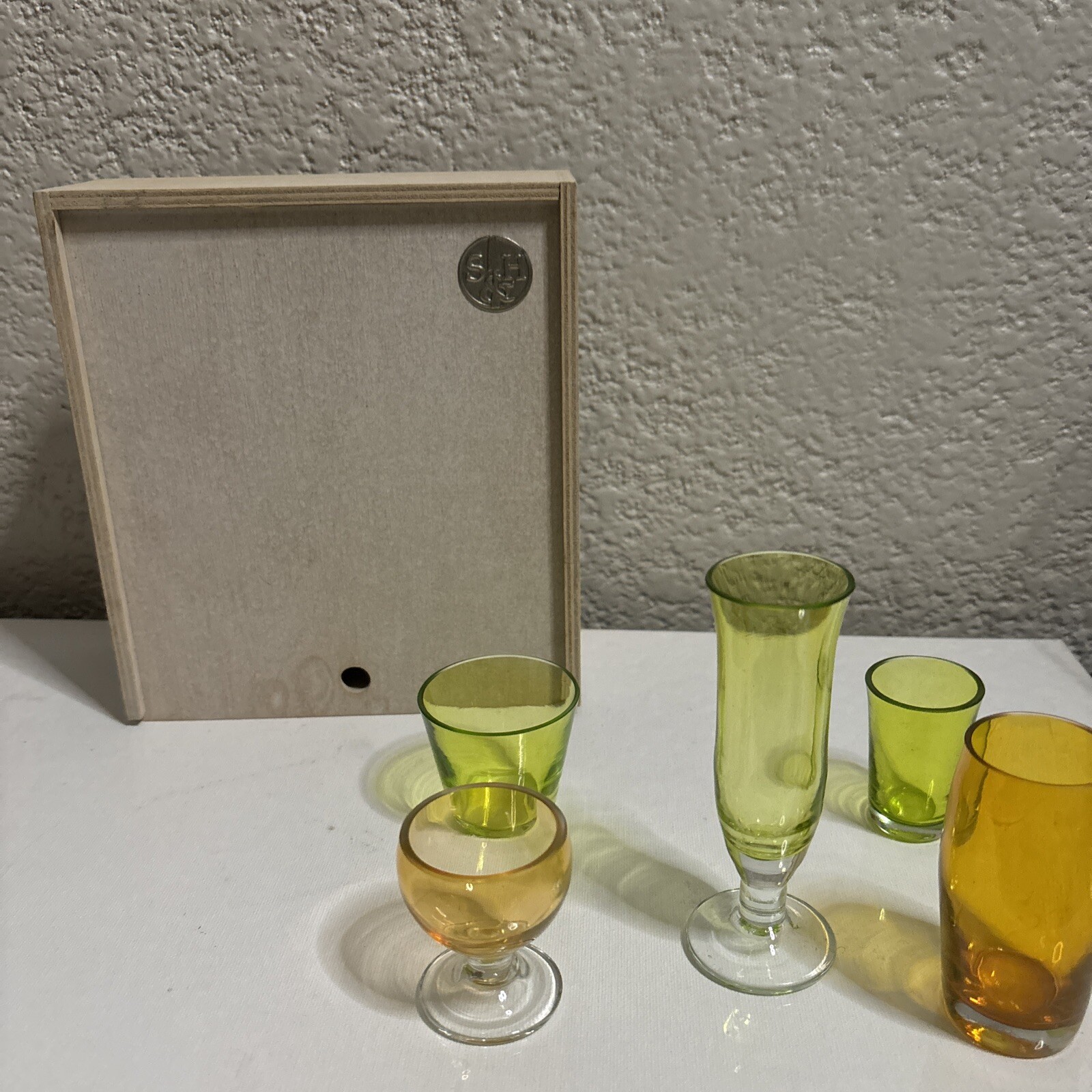 S&H Lot of 5 European Hand-Blown Multi-Color Crystal Liquor Glasses NIB