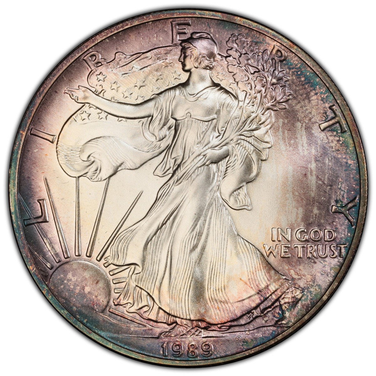 1989 Rainbow Toned American $1 Silver Eagle 1 oz. Fine 999 PCGS