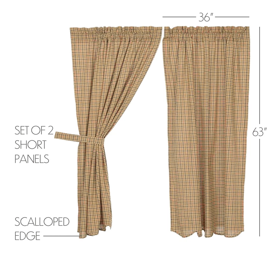63"L Lodge-Style Lined Curtains Red Navy Tan Plaid Cotton w/ Tie Backs Millsboro - Image 2 of 4