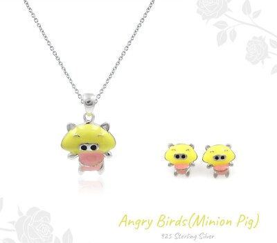 Tiny Cute Pig Earrings Necklace Enamel Set Unique Gift For Children 925  Silver