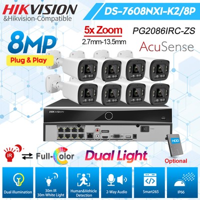 Hikvision AcuSense 8CH NVR 4K Smart Dual Light 5xZoom Security Camer System Lot