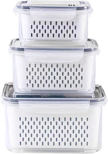 3‑Pack Fridge Storage Containers w/ Strainer Lids, BPA‑Free Produce & Meat Saver
