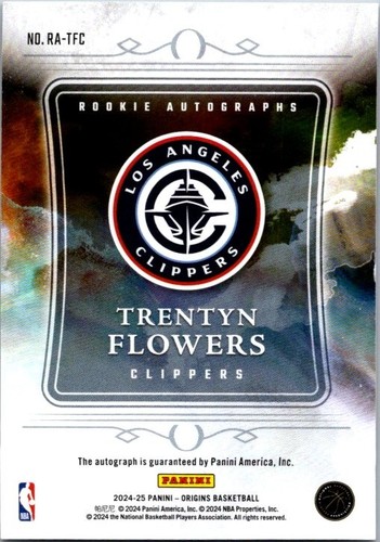 Tarjeta de novato Panini Select Origins #RA-TFC Trentyn Flowers RC 2024-25 firmada automáticamente - Imagen 2 de 2