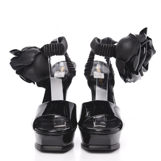 Nuove scarpe Saint Laurent nere vernice rosa cinturino alla caviglia plateau taglia 37 5