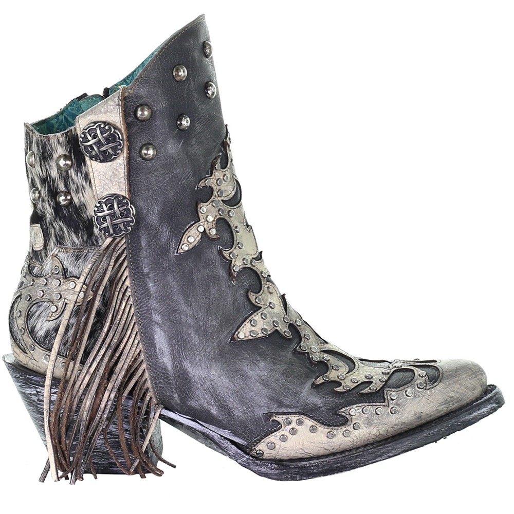 Metallic studded fringe pointed toe cowboy booties for women