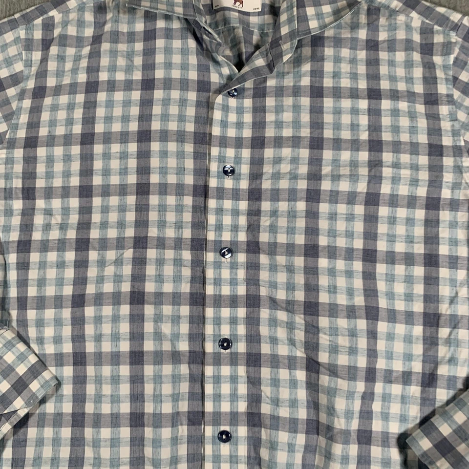 Lorenzo Uomo 衬衫男式 16.5 蓝色白色格子纽扣前饰修身连衣裙 — 第 4/4 张图片