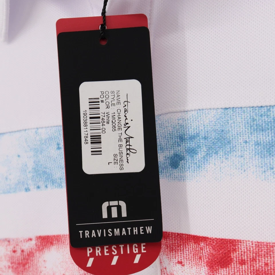 Polo de golf Travis Mathew para hombre Change The Business talla L blanco rojo azul nuevo con etiquetas Foto 4 de 4