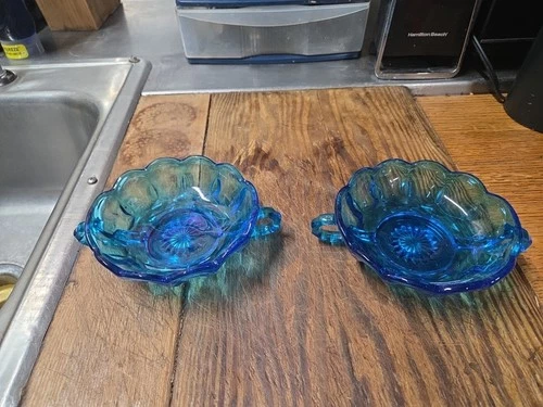 Vintage Anchor Hocking Fairfield Blue 2 Handled Candy Dish Set Of 3