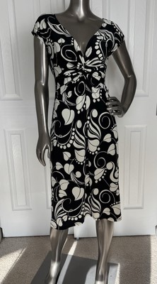 LONDON Тimes midi dress short cap sleeves black / off white curlicues sz. small