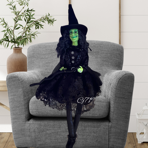 Bella Lux grünes Gesicht Regal Sitter Halloween Hexe Puppe Figur 32" schwarzes Kleid - Bild 6 von 18