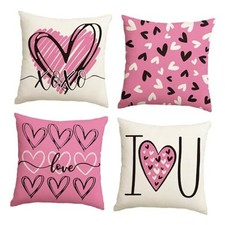 I Love U XOXO Valentine Hearts Throw Pillow Covers, 18" x 18" Pack of 4 Pink
