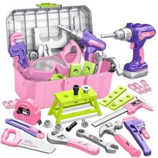 Kids Tool Set with Portable Tool Box  Electronic Toy Drill, Toddler Tool Pink