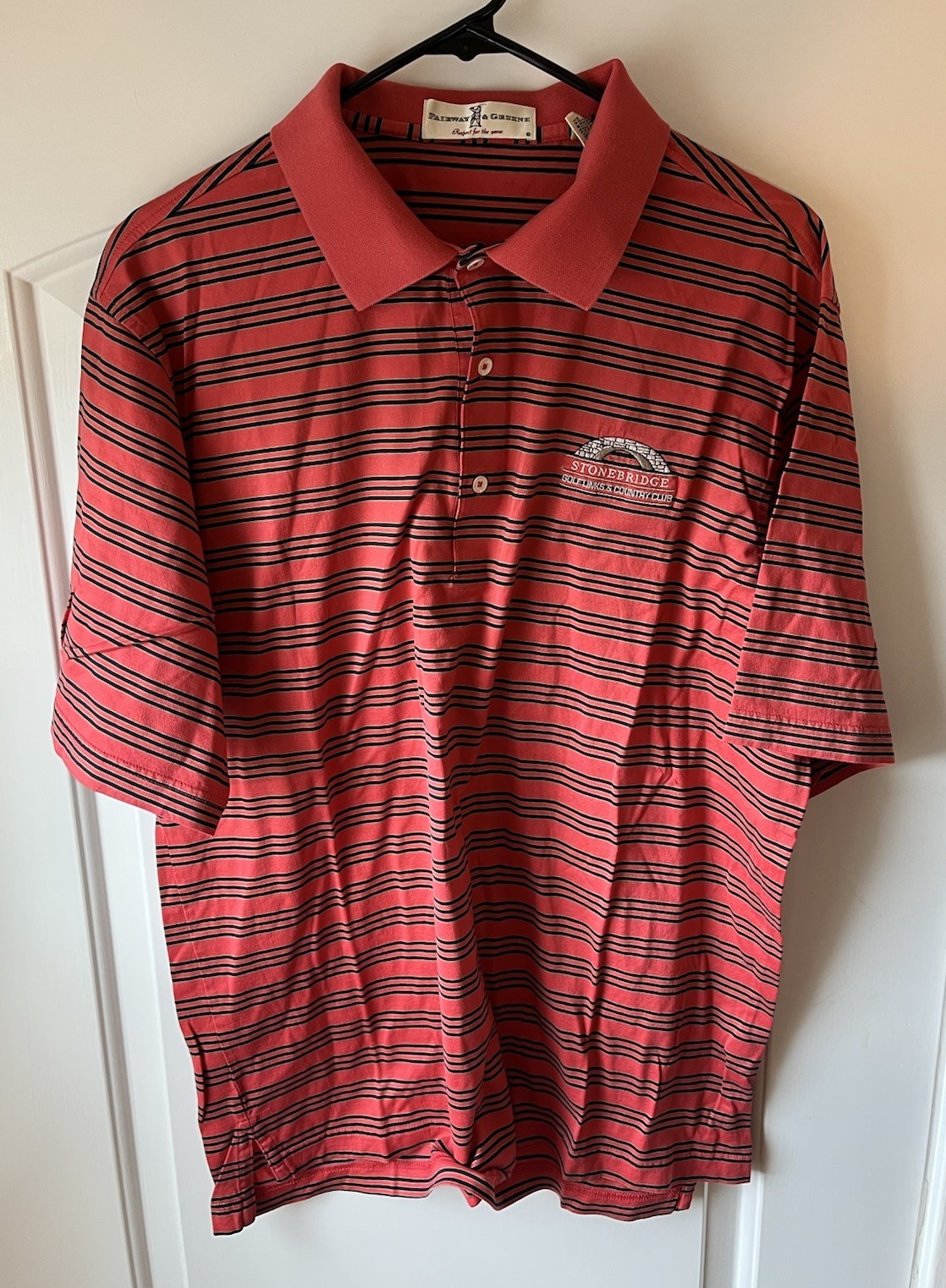 Polo Shirt Mens Large Pink Stripe Stonebridge Golf New York Vacation Travel Job-image