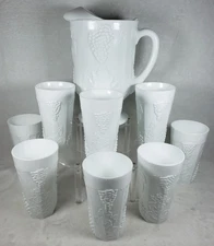 Milk Glass Pitcher And  8 Glasses Or Tumblers Grape & Leaf Harvest Design NOS