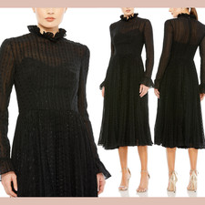 NWT Mac Duggal [ 14 ] 49627 Ruffle Neck Long Sleeve Pleated Midi Dress BLK J2196
