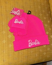 Barbie Kids Winter Hat and Fingerless Gloves With Optional Mittens Pink/White