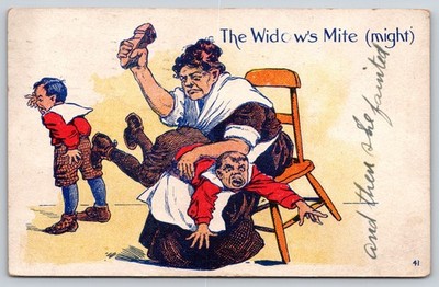 Comic Pun~The Widow's Mite(Might)~Spanking Kids w/Shoe~c1905 Vintage Postcard
