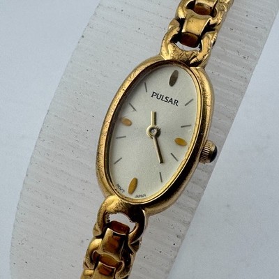 VTG Pulsar Quartz Watch V220-X026 Women Gold Tone Oval Analog New Battery 6.75''