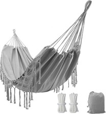 Double Boho Macrame Hammock with Elegant Tassels for Patio, Yard, Beach Grey