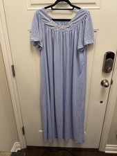 Vintage Night Gown Granny Core Long Light Blue Embroidered Flowers Neck Line