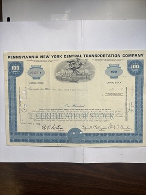 Pennsylvania New York Central Transportation Co. 1968 Stock Cert. 100 shares.