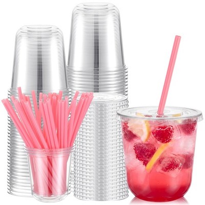 Ziliny 50 Sets 12 oz Clear Plastic Cups with Heart Shaped Straws and Lids