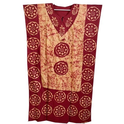 Women's Yellow Red Batik Caftan Maxi Dress Boho Lounge Housedress