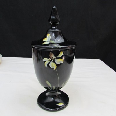 Fenton Black Midnight Garden Hand Painted Footed Candy Box 2005 W1328