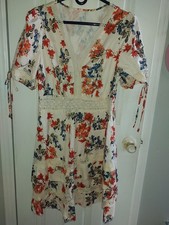Shein Ivory V-Neck Dress With Orange And Blue Floral Print 0X