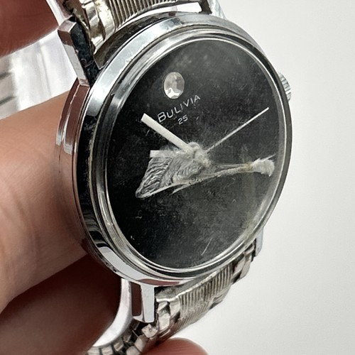 Vintage Bulivia 25 Men Watch Swiss Mechanical Silver Tone Black Dial Stretch 6.5 - Picture 9 of 11