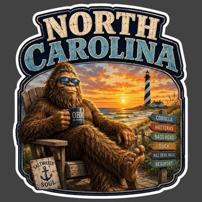 North Carolina Bigfoot Sticker Vinyl Decal OBX Saltwater Soul Beach Lighthouse