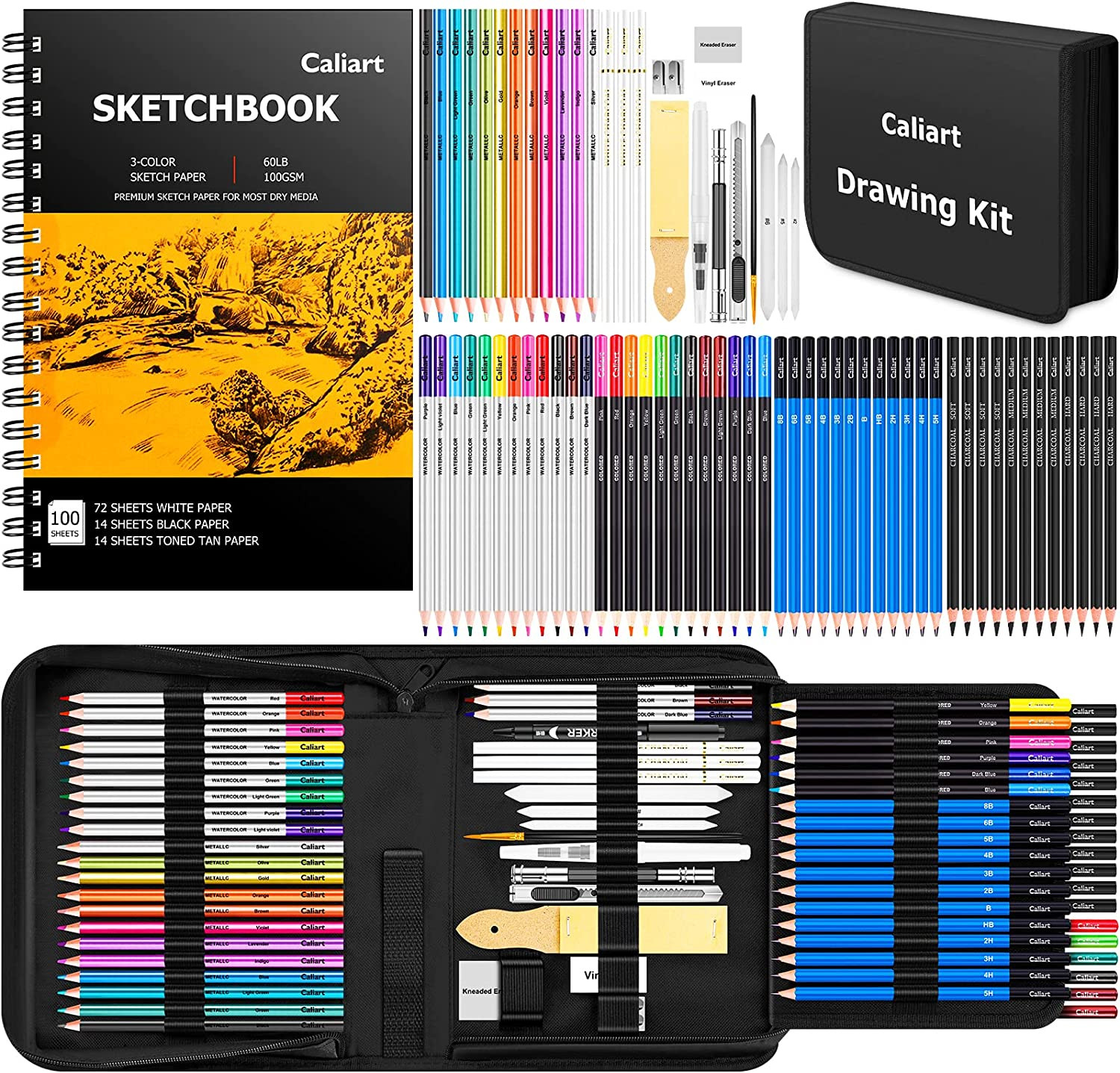 176PCS Art Supplies Sketching Kit with 100 Sheets 3-Color Sketch Book, Graphite