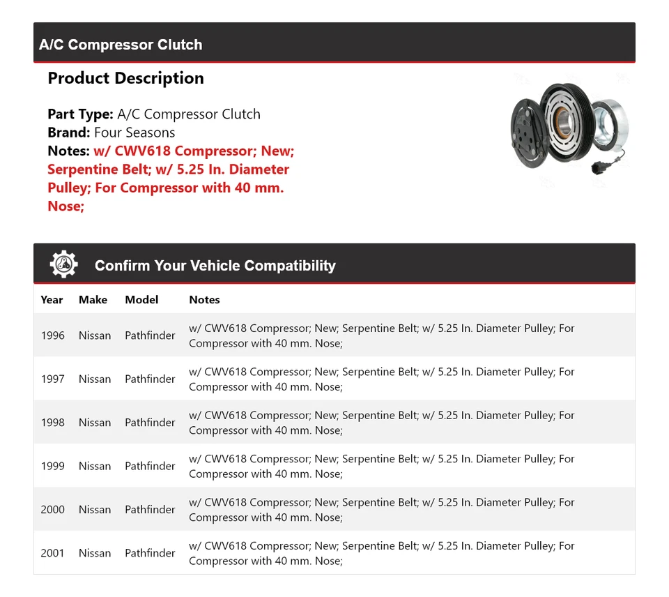 Embrague compresor aire acondicionado Nissan Pathfinder 1996-2001 4 estaciones 1997 1998 1999 Foto 2 de 4