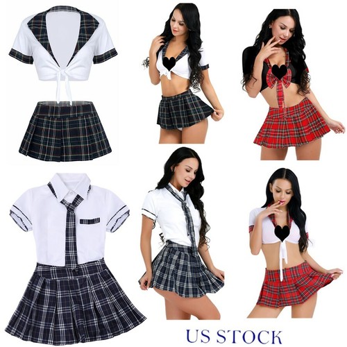 Sexy Women School Girl Outfit Fancy Dress Cosplay Costume Uniform Plaid Skirt - Picture 2 of 26