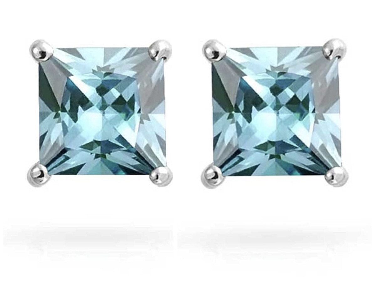 White Gold Finish 7mm Princess cut Aquamarine stud earrings Gift
