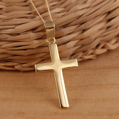 Yellow Gold Plated on 925 Sterling Silver Plain Cross Pendant Necklace Gift  Box UK