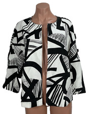 Chicos Womens Open Front Blazer Size 2 L Black White Geometric Career Wear