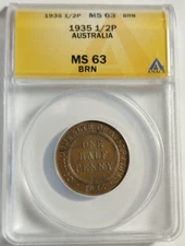 1935 Australia Half Penny 1/2p Copper Coin ANACS Graded MS63BRN Rare Key Date 2B