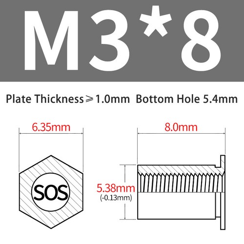 Edelstahl Nietmutter Säulenmuttern Sechskant Durchgangsloch SOS-M2/M2.5/M3/3.5M3 - Picture 49 of 56