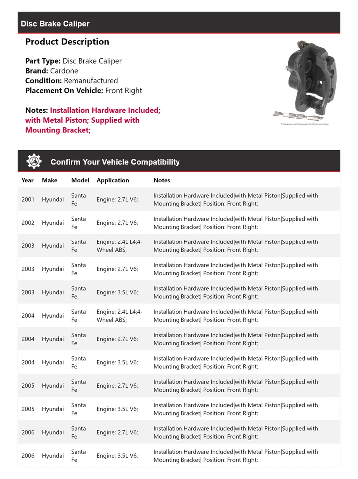 For 2001-2006 Hyundai Santa Fe Disc Brake Caliper Front Right Cardone 2002 2003 - Image 2 of 4