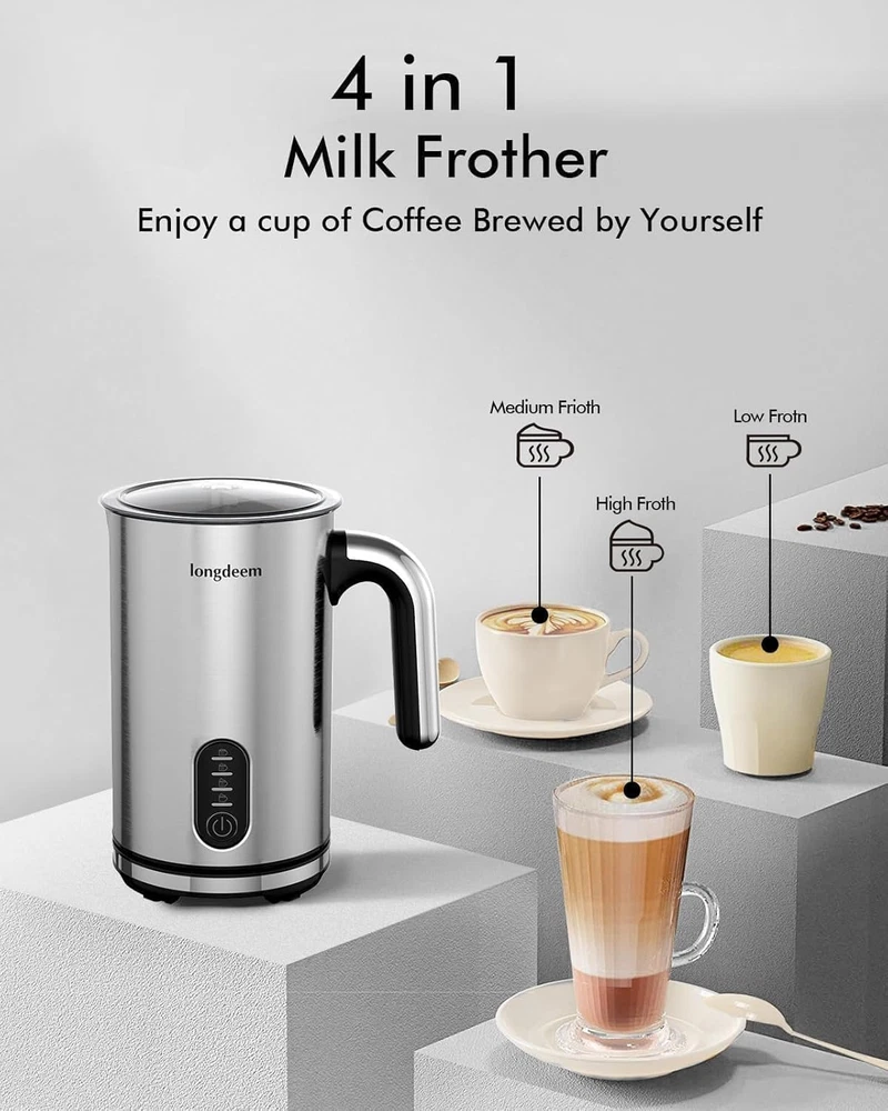 Milk Frother, 4-In-1 Electric Milk Foamer with Cold & Hot Froth for Latte Cappuc