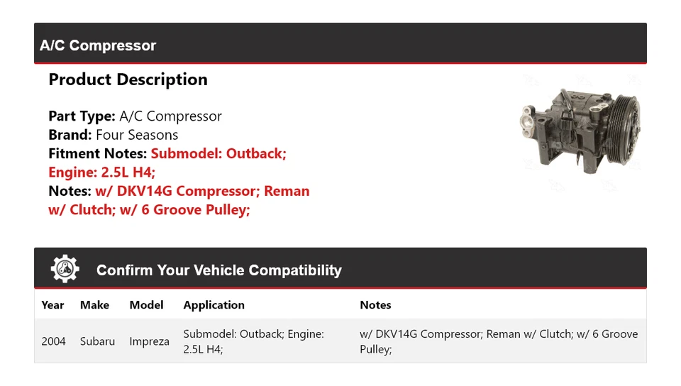 Compresor de aire acondicionado para Subaru Impreza Outback 2004 2,5 L H4 4 estaciones Foto 2 de 4