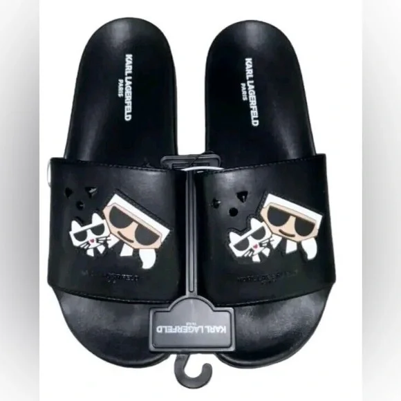 Karl Lagerfeld Paris Icon Slides Black Karl Choupette Womens Size New