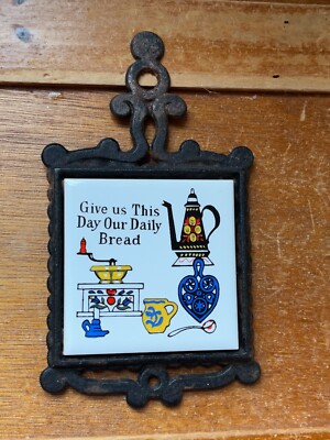 Vintage Small GIVE US THIS DAY OUR DAILY BREAD in Wrought Iron Frame Art Pottery